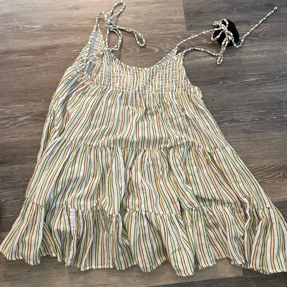 SOLID & STRIPED Tan and Green Tiered Ruffled Sundress